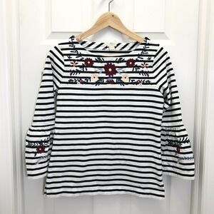 J Crew Women's White Stripe Floral Embroidered Ruffle Sleeves Blouse Size XS